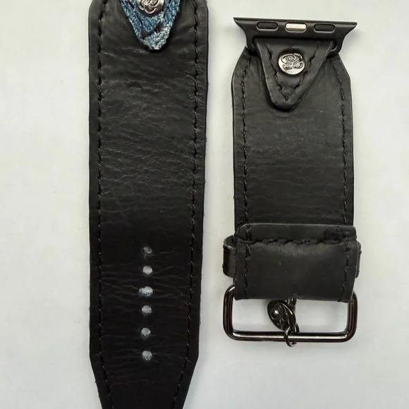 Authentic Upcycled Denim GG /Black Leather J/H with Gucci Ribbon Keeper, size 3 - Picture 2 of 4